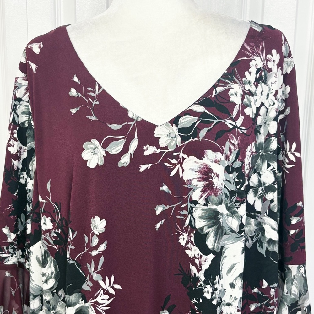 NWT Connected Apparel Bordeaux Wine Floral Bell Sleeve Dress 20W - Picture 2 of 16